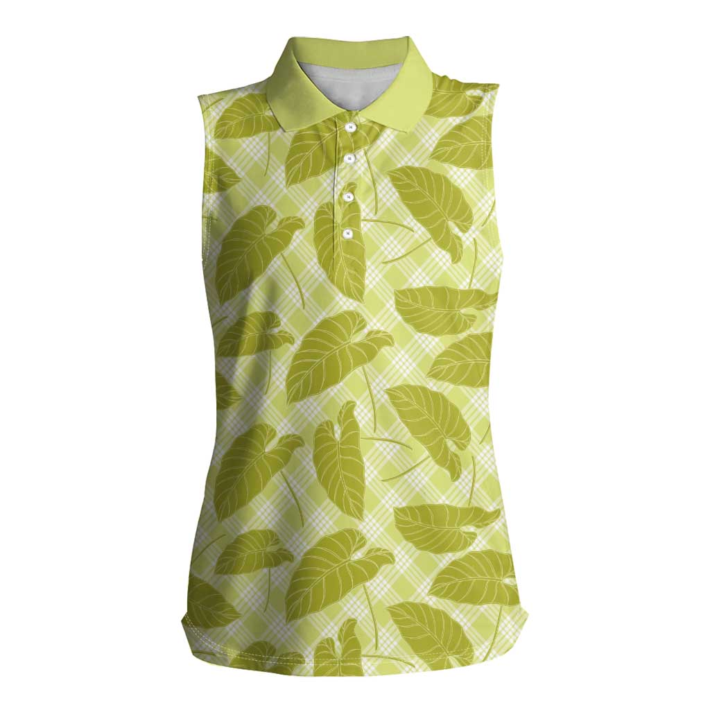 Lime Green Hawaii Kalo Palaka Motifs Women Sleeveless Polo Shirt Hawaiian Taro Leaves Elegant Vibes LT14 Female Lime Green - Polynesian Pride