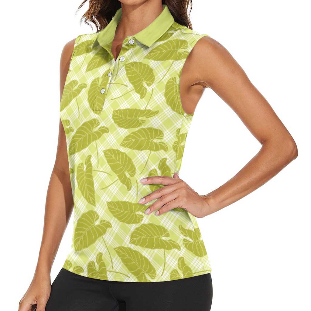 Lime Green Hawaii Kalo Palaka Motifs Women Sleeveless Polo Shirt Hawaiian Taro Leaves Elegant Vibes LT14 - Polynesian Pride