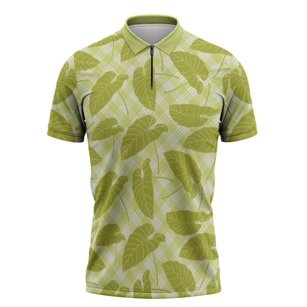 Lime Green Hawaii Kalo Palaka Motifs Zipper Polo Shirt Hawaiian Taro Leaves Elegant Vibes - Polynesian Pride