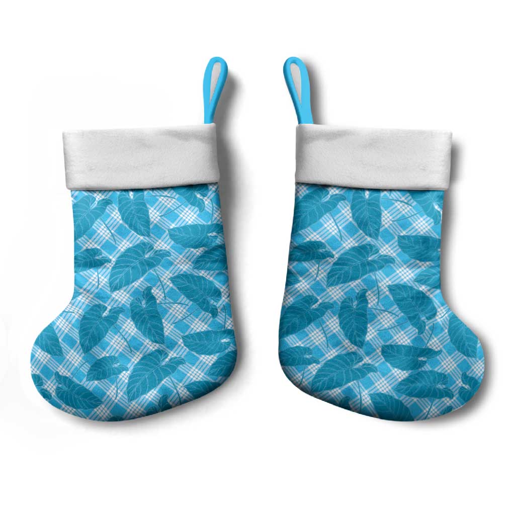 Blue Hawaii Kalo Palaka Motifs Christmas Stocking Hawaiian Taro Leaves Elegant Vibes - Polynesian Pride