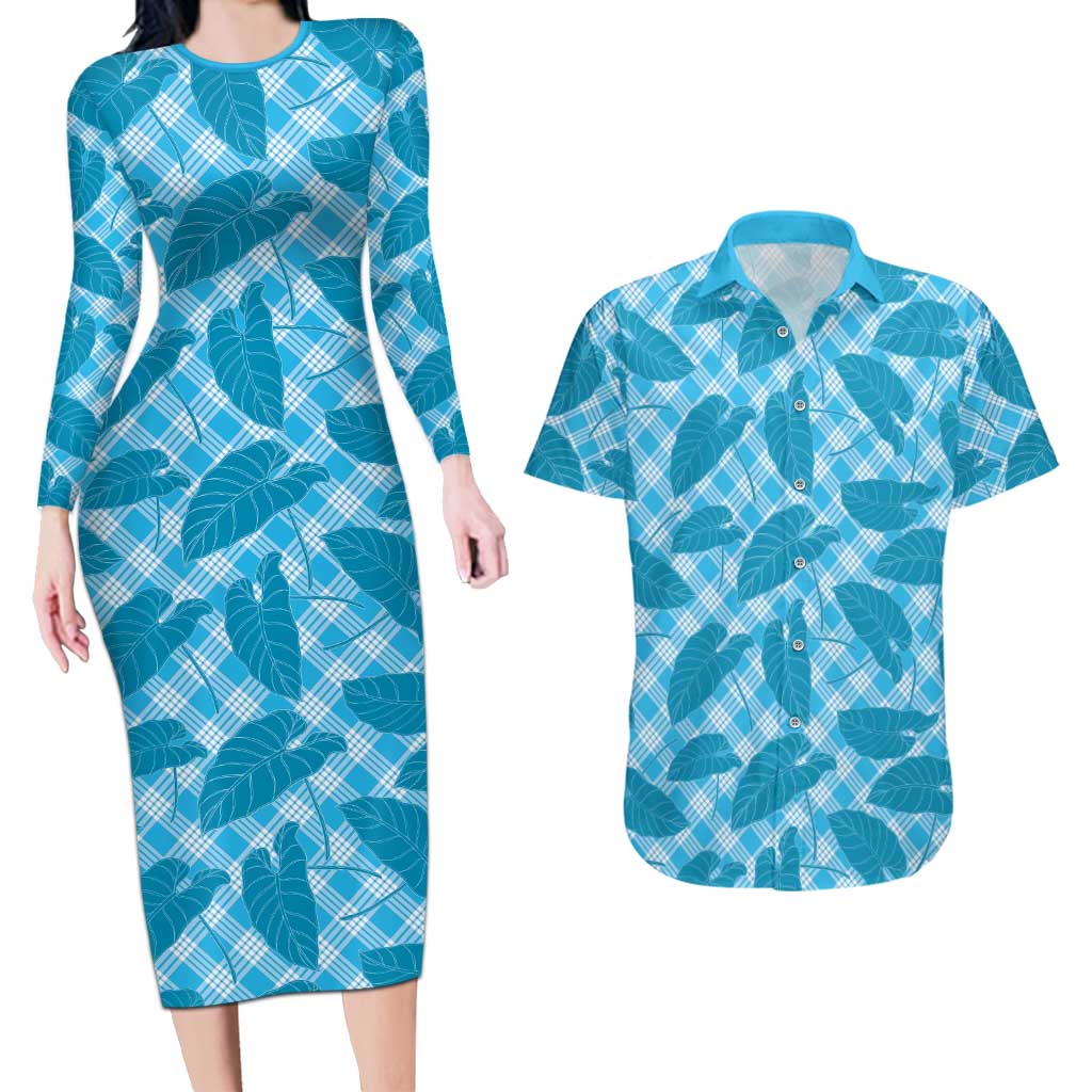 Blue Hawaii Kalo Palaka Motifs Couples Matching Long Sleeve Bodycon Dress and Hawaiian Shirt Hawaiian Taro Leaves Elegant Vibes LT14 Blue - Polynesian Pride