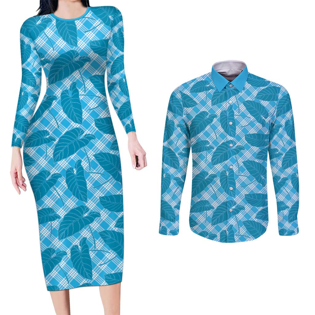 Blue Hawaii Kalo Palaka Motifs Couples Matching Long Sleeve Bodycon Dress and Long Sleeve Button Shirt Hawaiian Taro Leaves Elegant Vibes LT14 Blue - Polynesian Pride