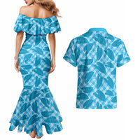 Blue Hawaii Kalo Palaka Motifs Couples Matching Mermaid Dress and Hawaiian Shirt Hawaiian Taro Leaves Elegant Vibes LT14 - Polynesian Pride