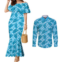 Blue Hawaii Kalo Palaka Motifs Couples Matching Mermaid Dress and Long Sleeve Button Shirt Hawaiian Taro Leaves Elegant Vibes LT14 Blue - Polynesian Pride