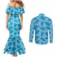 Blue Hawaii Kalo Palaka Motifs Couples Matching Mermaid Dress and Long Sleeve Button Shirt Hawaiian Taro Leaves Elegant Vibes LT14 - Polynesian Pride