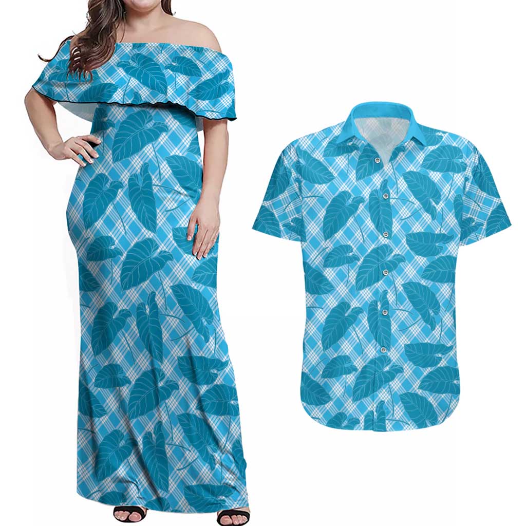 Blue Hawaii Kalo Palaka Motifs Couples Matching Off Shoulder Maxi Dress and Hawaiian Shirt Hawaiian Taro Leaves Elegant Vibes LT14 Blue - Polynesian Pride