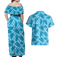 Blue Hawaii Kalo Palaka Motifs Couples Matching Off Shoulder Maxi Dress and Hawaiian Shirt Hawaiian Taro Leaves Elegant Vibes LT14 - Polynesian Pride