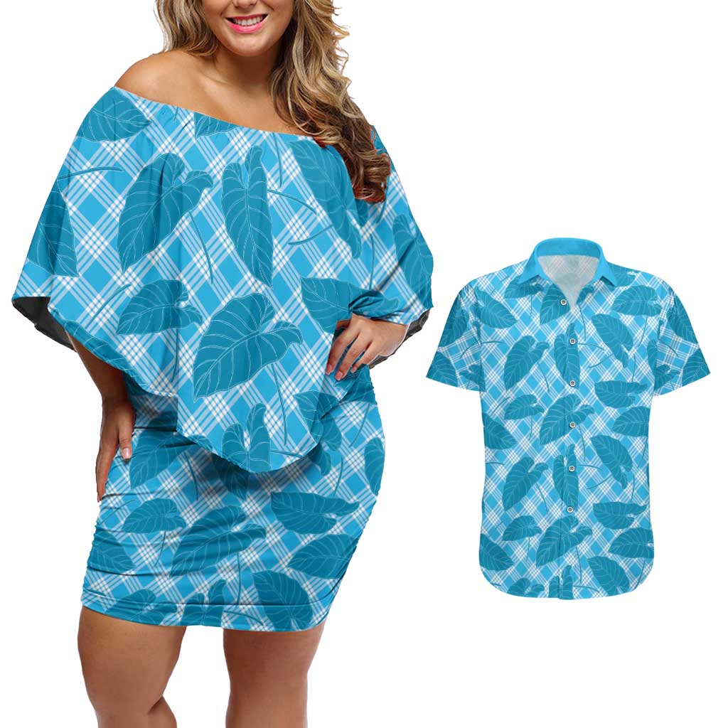 Blue Hawaii Kalo Palaka Motifs Couples Matching Off Shoulder Short Dress and Hawaiian Shirt Hawaiian Taro Leaves Elegant Vibes LT14 Blue - Polynesian Pride