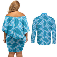 Blue Hawaii Kalo Palaka Motifs Couples Matching Off Shoulder Short Dress and Long Sleeve Button Shirt Hawaiian Taro Leaves Elegant Vibes LT14 - Polynesian Pride