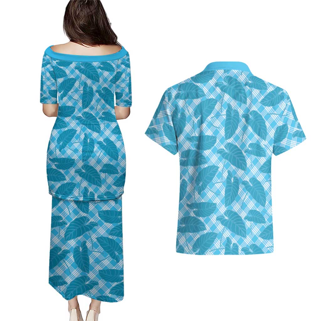 Blue Hawaii Kalo Palaka Motifs Couples Matching Puletasi and Hawaiian Shirt Hawaiian Taro Leaves Elegant Vibes LT14 - Polynesian Pride