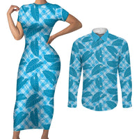 Blue Hawaii Kalo Palaka Motifs Couples Matching Short Sleeve Bodycon Dress and Long Sleeve Button Shirt Hawaiian Taro Leaves Elegant Vibes LT14 Blue - Polynesian Pride