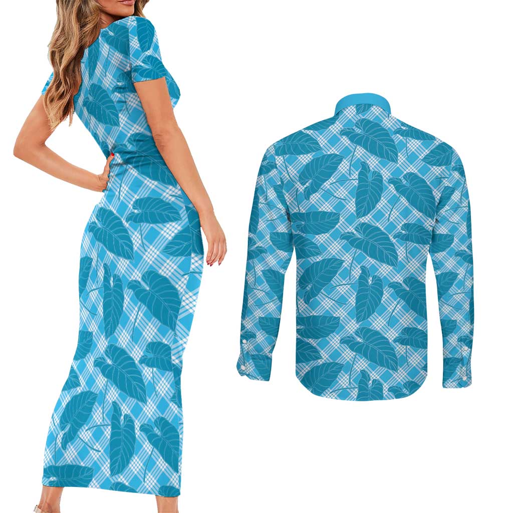 Blue Hawaii Kalo Palaka Motifs Couples Matching Short Sleeve Bodycon Dress and Long Sleeve Button Shirt Hawaiian Taro Leaves Elegant Vibes LT14 - Polynesian Pride