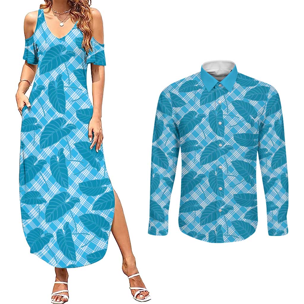 Blue Hawaii Kalo Palaka Motifs Couples Matching Summer Maxi Dress and Long Sleeve Button Shirt Hawaiian Taro Leaves Elegant Vibes LT14 Blue - Polynesian Pride