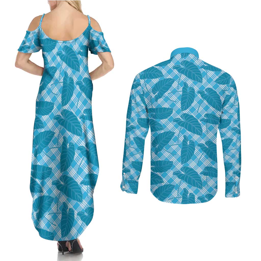 Blue Hawaii Kalo Palaka Motifs Couples Matching Summer Maxi Dress and Long Sleeve Button Shirt Hawaiian Taro Leaves Elegant Vibes LT14 - Polynesian Pride