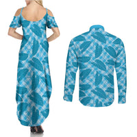 Blue Hawaii Kalo Palaka Motifs Couples Matching Summer Maxi Dress and Long Sleeve Button Shirt Hawaiian Taro Leaves Elegant Vibes LT14 - Polynesian Pride