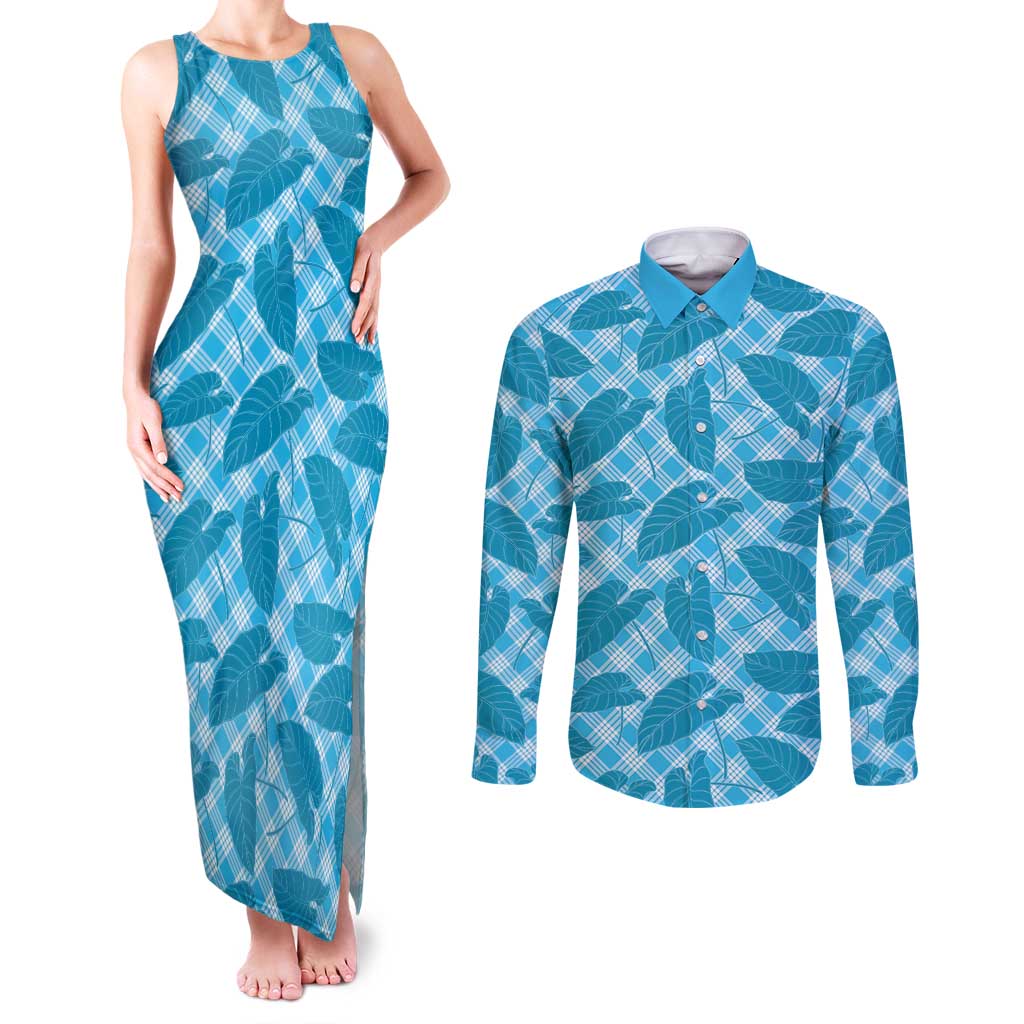 Blue Hawaii Kalo Palaka Motifs Couples Matching Tank Maxi Dress and Long Sleeve Button Shirt Hawaiian Taro Leaves Elegant Vibes - Polynesian Pride