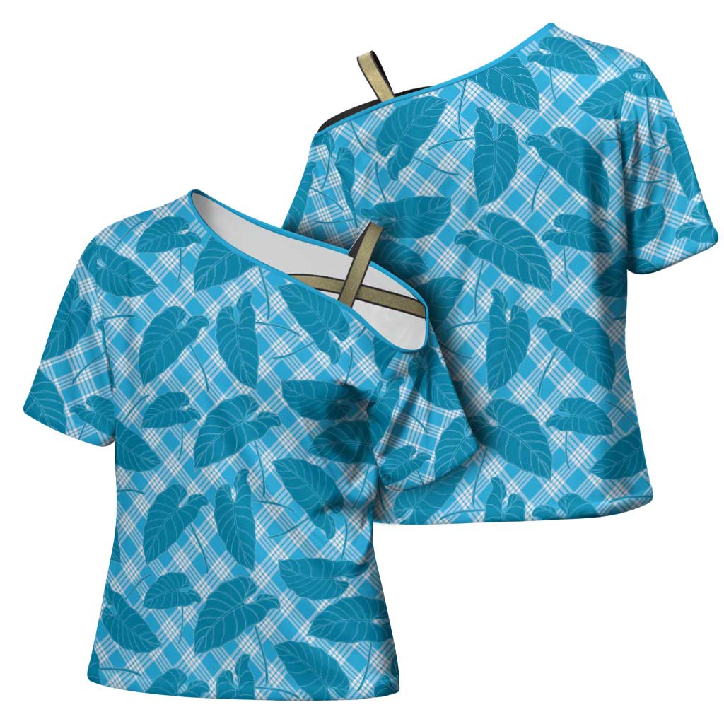Blue Hawaii Kalo Palaka Motifs Cross Shoulder Shirt Hawaiian Taro Leaves Elegant Vibes - Polynesian Pride