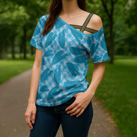 Blue Hawaii Kalo Palaka Motifs Cross Shoulder Shirt Hawaiian Taro Leaves Elegant Vibes - Polynesian Pride