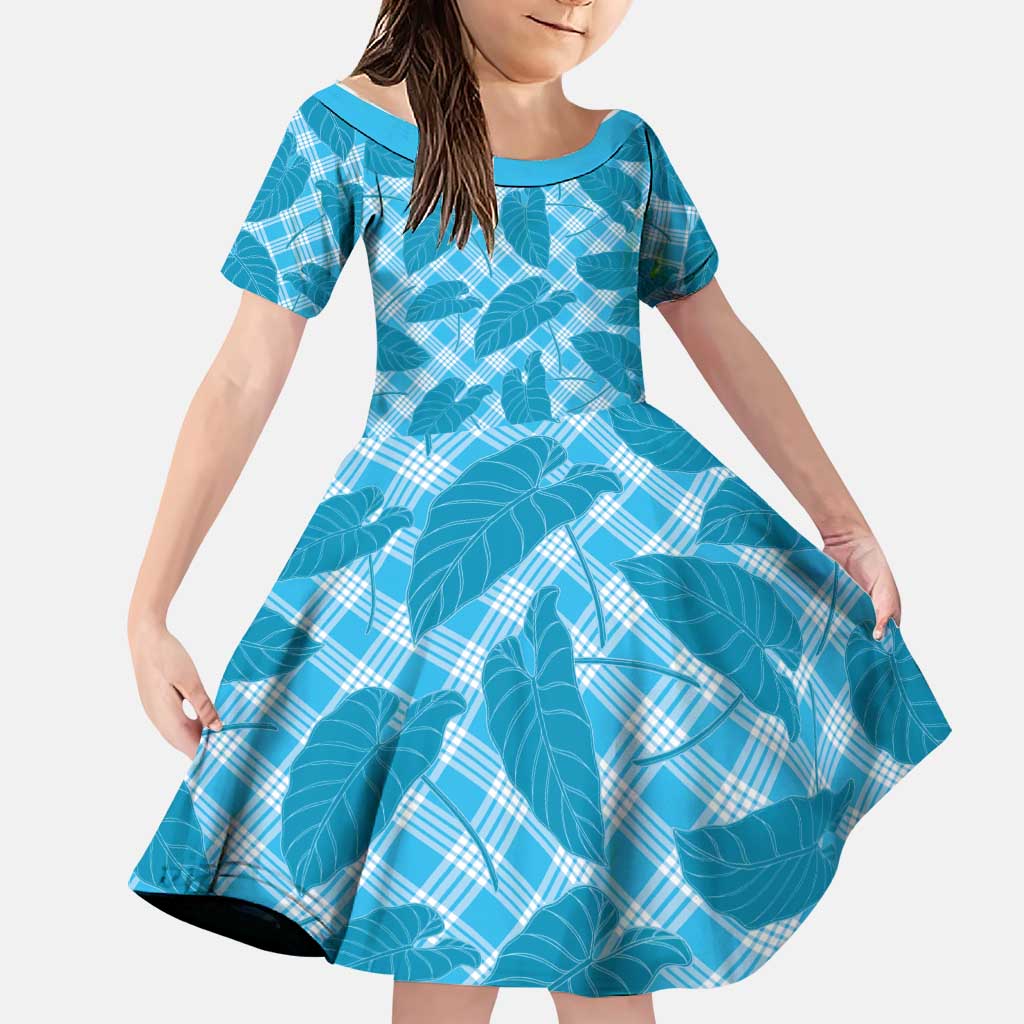 Blue Hawaii Kalo Palaka Motifs Family Matching Long Sleeve Bodycon Dress and Hawaiian Shirt Hawaiian Taro Leaves Elegant Vibes LT14 Daughter's Dress Blue - Polynesian Pride