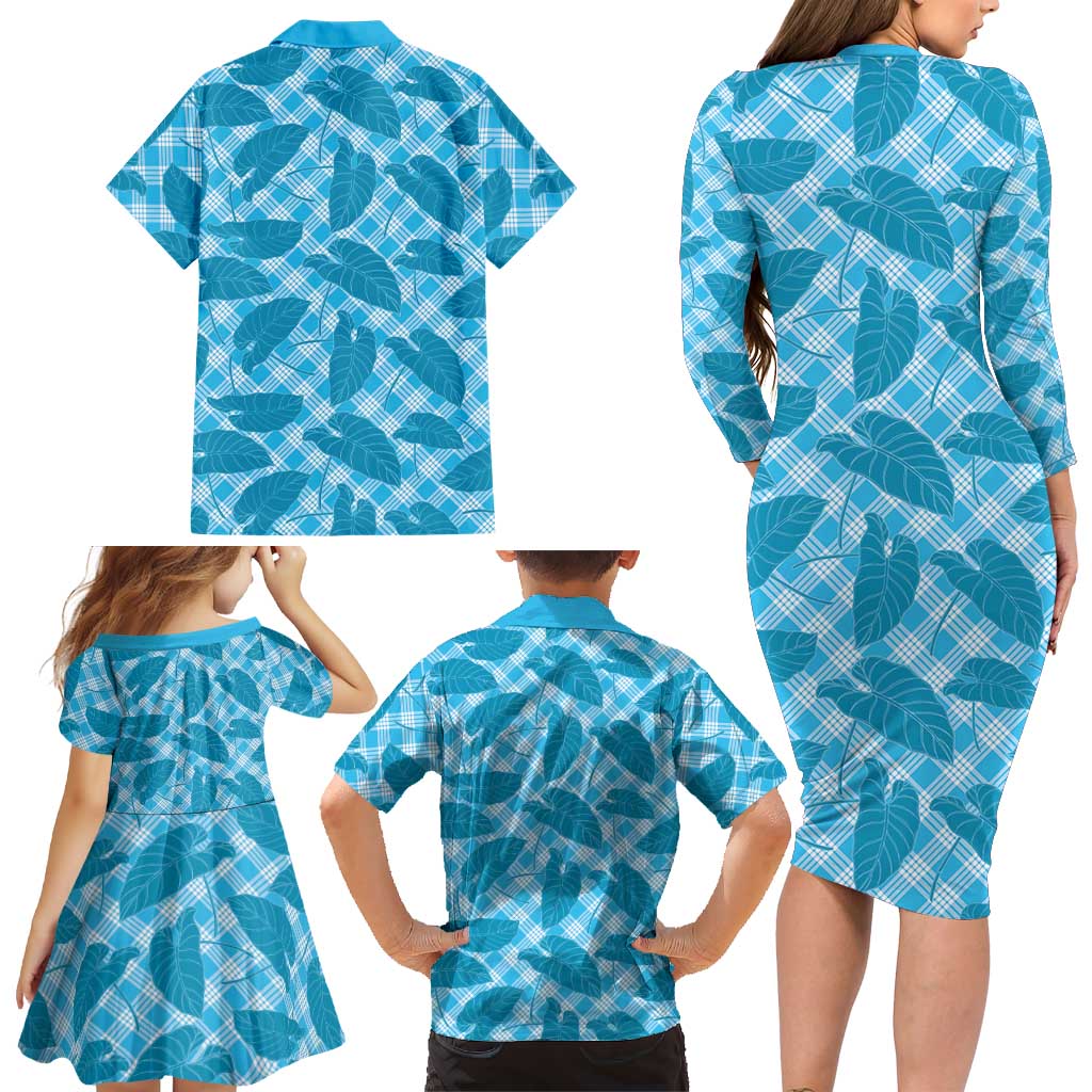 Blue Hawaii Kalo Palaka Motifs Family Matching Long Sleeve Bodycon Dress and Hawaiian Shirt Hawaiian Taro Leaves Elegant Vibes LT14 - Polynesian Pride