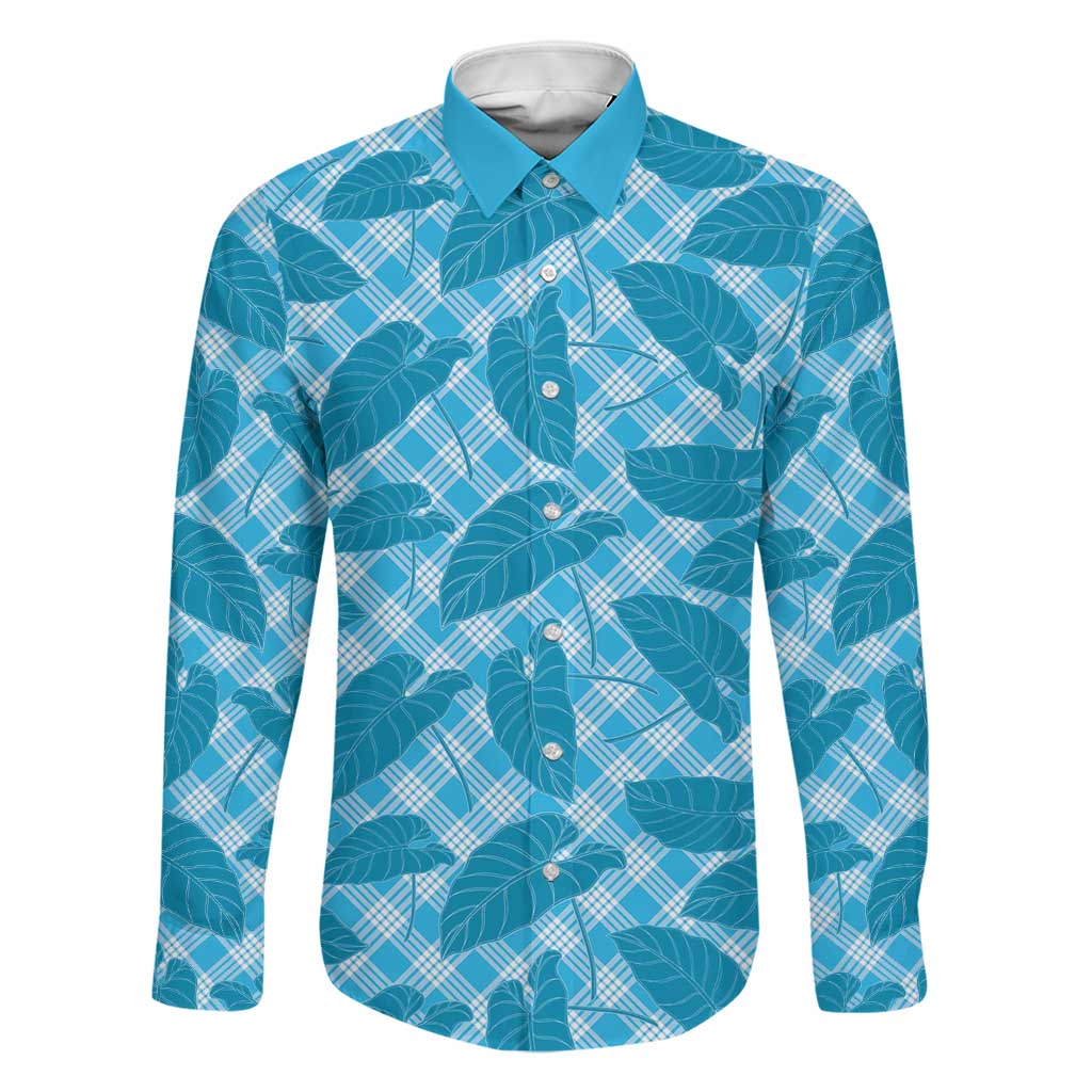 Blue Hawaii Kalo Palaka Motifs Family Matching Long Sleeve Bodycon Dress and Hawaiian Shirt Hawaiian Taro Leaves Elegant Vibes LT14 Dad's Shirt - Long Sleeve Blue - Polynesian Pride