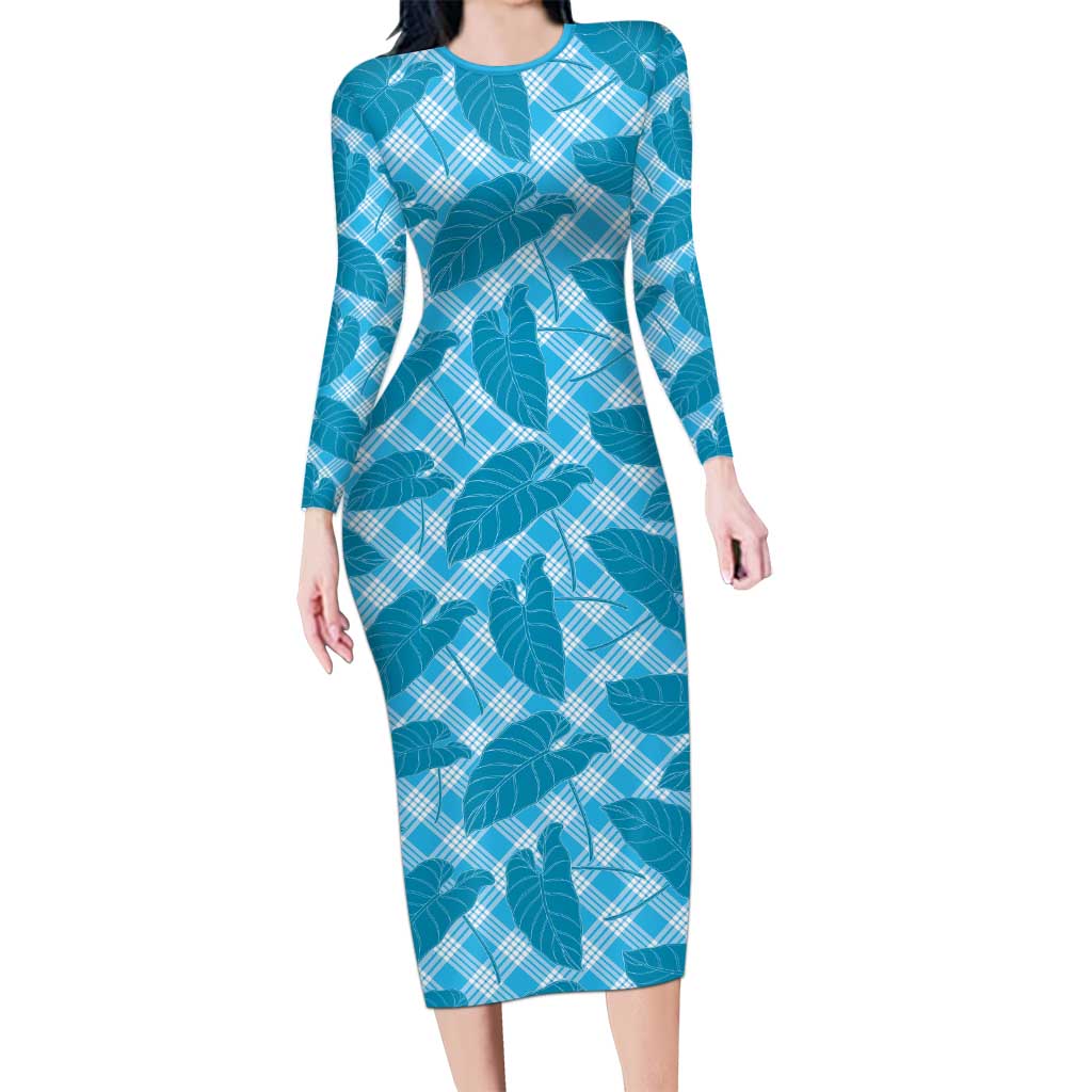 Blue Hawaii Kalo Palaka Motifs Family Matching Long Sleeve Bodycon Dress and Hawaiian Shirt Hawaiian Taro Leaves Elegant Vibes LT14 Mom's Dress Blue - Polynesian Pride
