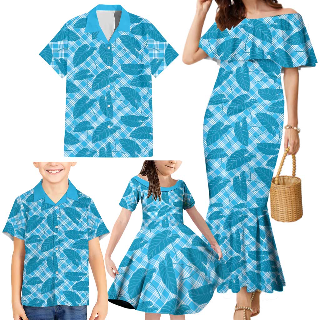 Blue Hawaii Kalo Palaka Motifs Family Matching Mermaid Dress and Hawaiian Shirt Hawaiian Taro Leaves Elegant Vibes LT14 - Polynesian Pride
