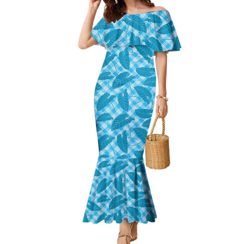 Blue Hawaii Kalo Palaka Motifs Family Matching Mermaid Dress and Hawaiian Shirt Hawaiian Taro Leaves Elegant Vibes LT14 Mom's Dress Blue - Polynesian Pride