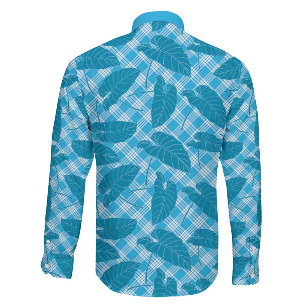 Blue Hawaii Kalo Palaka Motifs Family Matching Off The Shoulder Long Sleeve Dress and Hawaiian Shirt Hawaiian Taro Leaves Elegant Vibes LT14 - Polynesian Pride