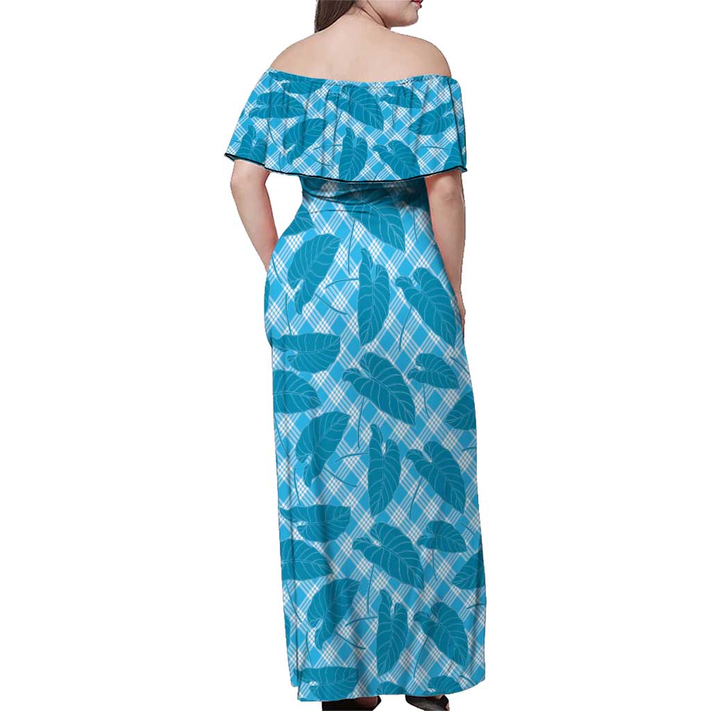 Blue Hawaii Kalo Palaka Motifs Family Matching Off Shoulder Maxi Dress and Hawaiian Shirt Hawaiian Taro Leaves Elegant Vibes LT14 - Polynesian Pride