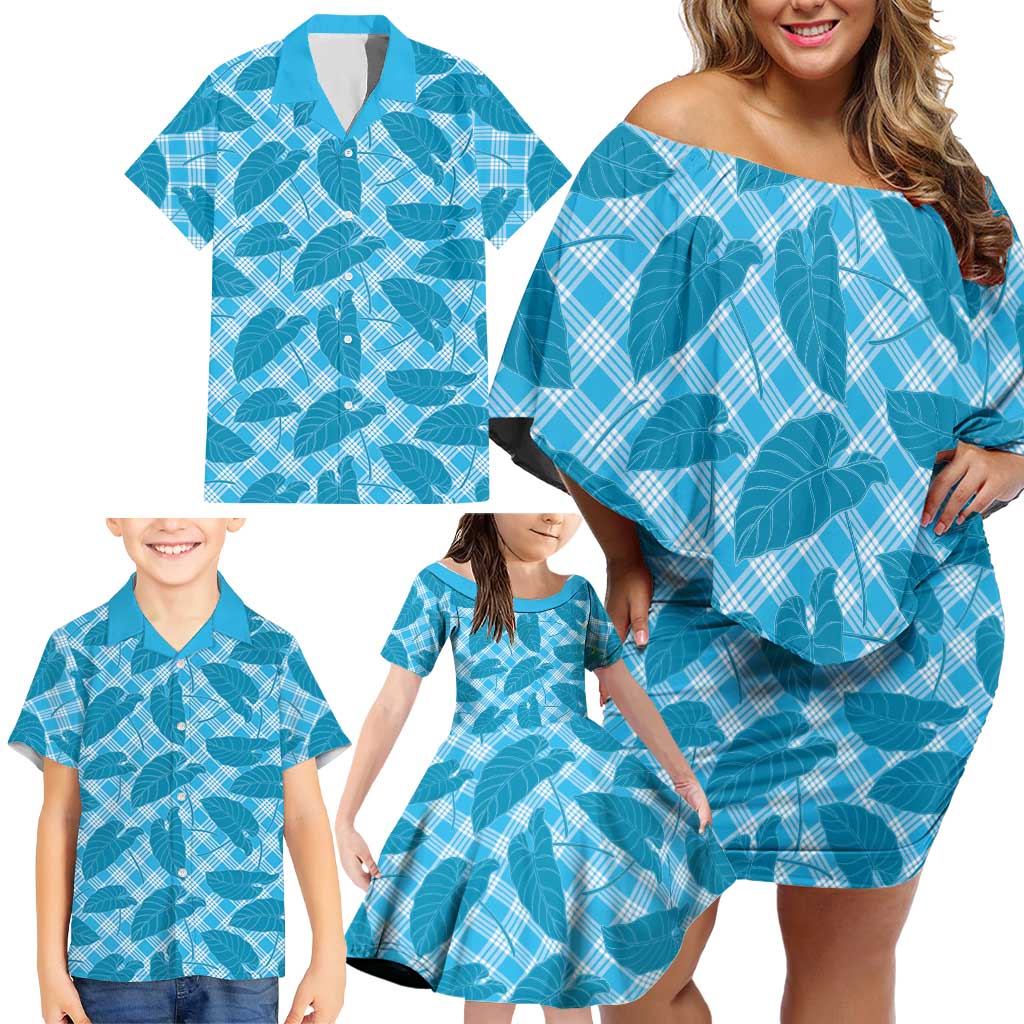 Blue Hawaii Kalo Palaka Motifs Family Matching Off Shoulder Short Dress and Hawaiian Shirt Hawaiian Taro Leaves Elegant Vibes - Polynesian Pride