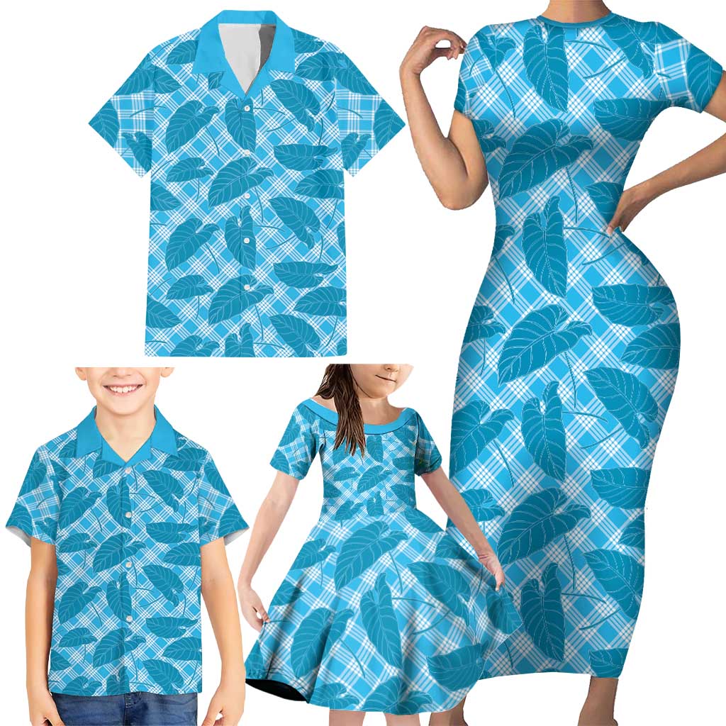 Blue Hawaii Kalo Palaka Motifs Family Matching Short Sleeve Bodycon Dress and Hawaiian Shirt Hawaiian Taro Leaves Elegant Vibes - Polynesian Pride