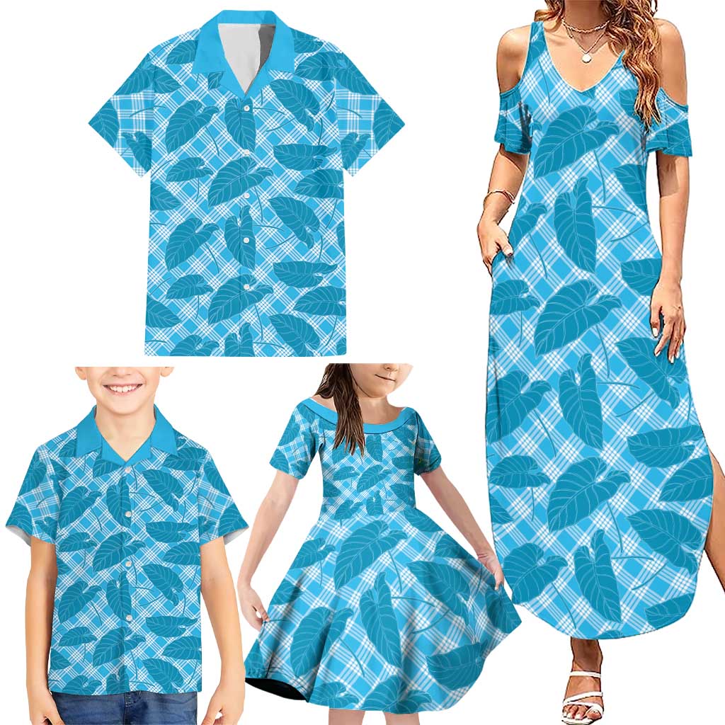 Blue Hawaii Kalo Palaka Motifs Family Matching Summer Maxi Dress and Hawaiian Shirt Hawaiian Taro Leaves Elegant Vibes - Polynesian Pride