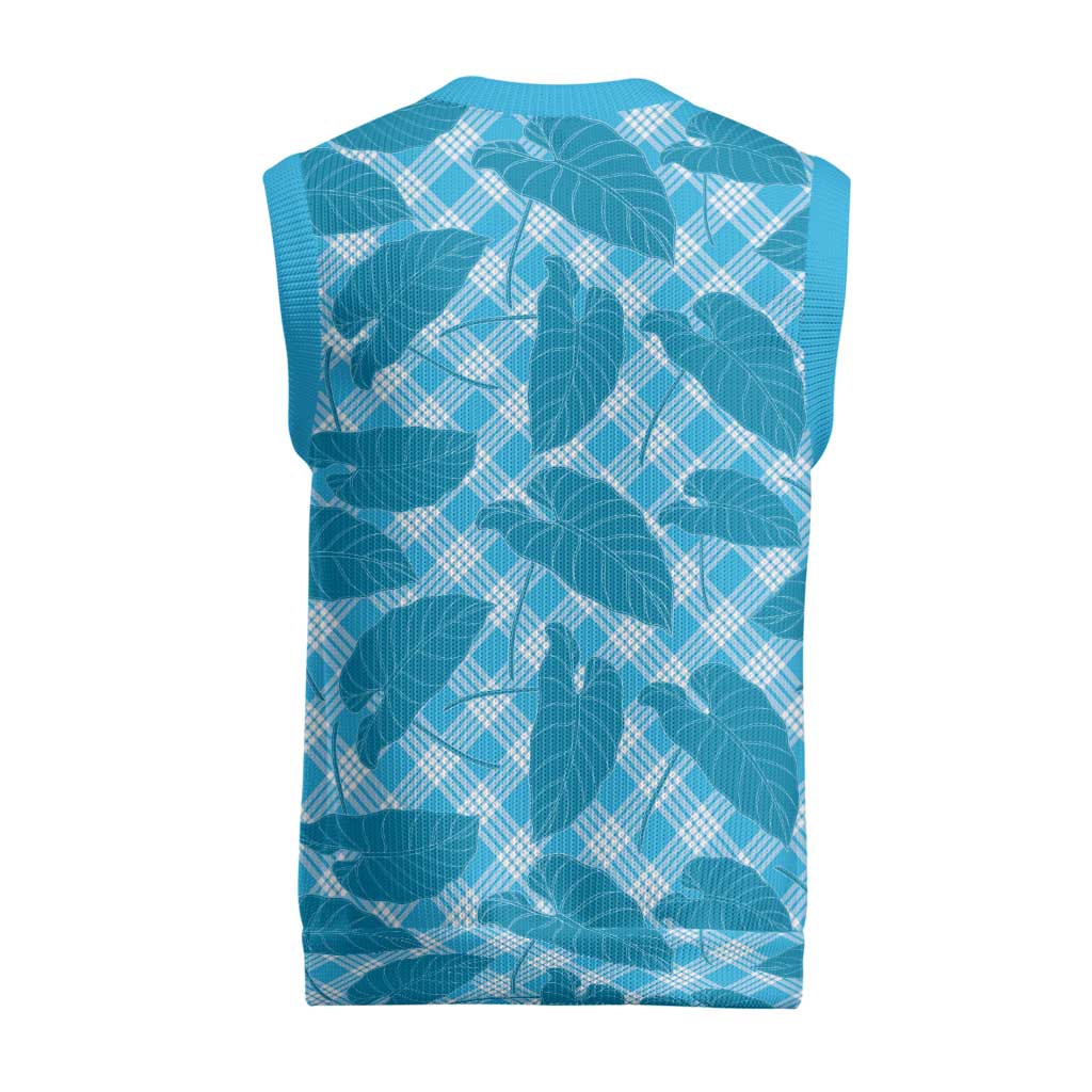 Blue Hawaii Kalo Palaka Motifs Christmas Knitted V-Neck Vest Hawaiian Taro Leaves Elegant Vibes - Polynesian Pride