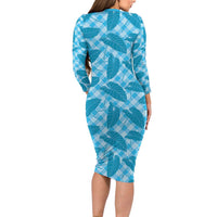 Blue Hawaii Kalo Palaka Motifs Long Sleeve Bodycon Dress Hawaiian Taro Leaves Elegant Vibes - Polynesian Pride