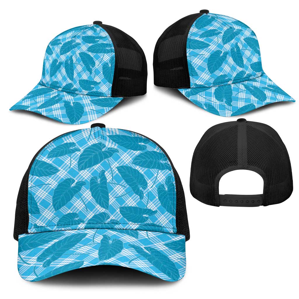 Blue Hawaii Kalo Palaka Motifs Mesh Trucker Cap Hawaiian Taro Leaves Elegant Vibes