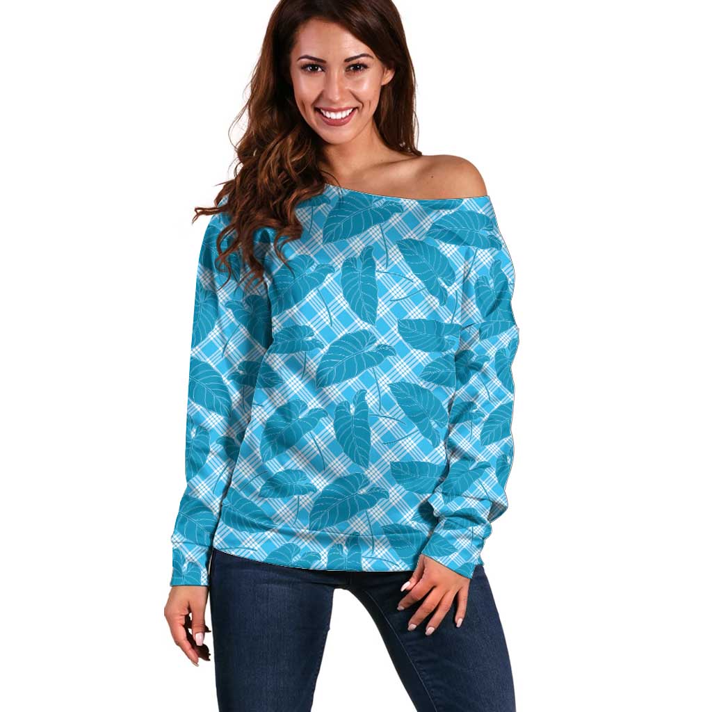 Blue Hawaii Kalo Palaka Motifs Off Shoulder Sweater Hawaiian Taro Leaves Elegant Vibes - Polynesian Pride
