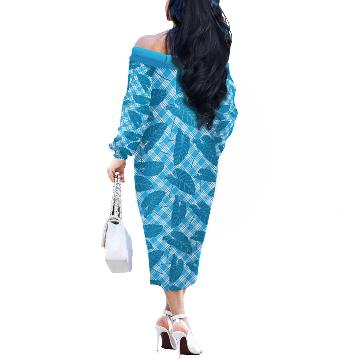 Blue Hawaii Kalo Palaka Motifs Off The Shoulder Long Sleeve Dress Hawaiian Taro Leaves Elegant Vibes LT14 - Polynesian Pride