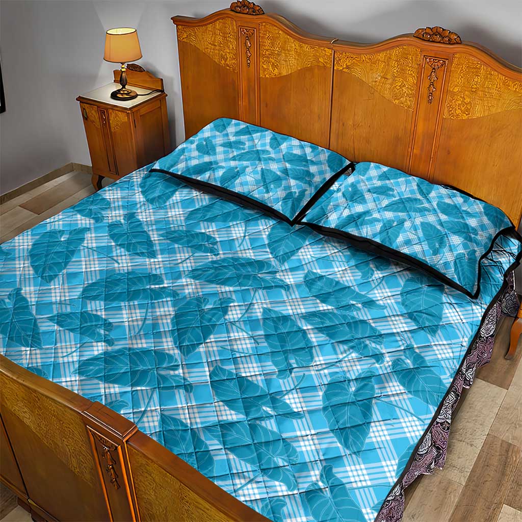 Blue Hawaii Kalo Palaka Motifs Quilt Bed Set Hawaiian Taro Leaves Elegant Vibes - Polynesian Pride