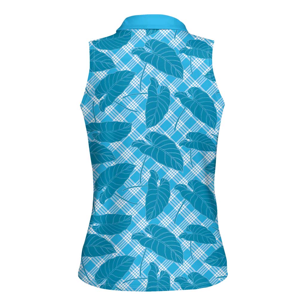 Blue Hawaii Kalo Palaka Motifs Women Sleeveless Polo Shirt Hawaiian Taro Leaves Elegant Vibes LT14 - Polynesian Pride