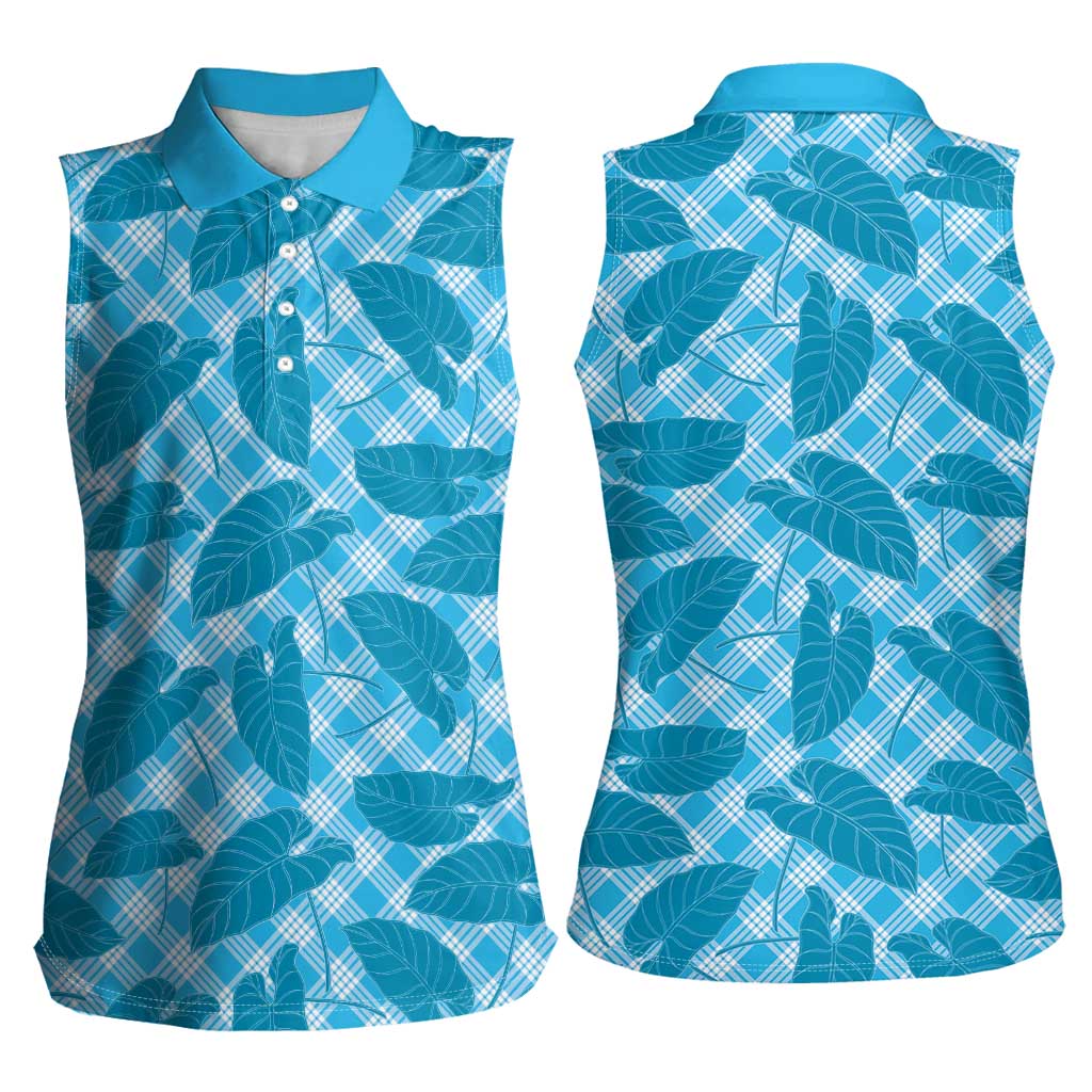 Blue Hawaii Kalo Palaka Motifs Women Sleeveless Polo Shirt Hawaiian Taro Leaves Elegant Vibes LT14 - Polynesian Pride