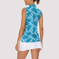 Blue Hawaii Kalo Palaka Motifs Women Sleeveless Polo Shirt Hawaiian Taro Leaves Elegant Vibes LT14 - Polynesian Pride