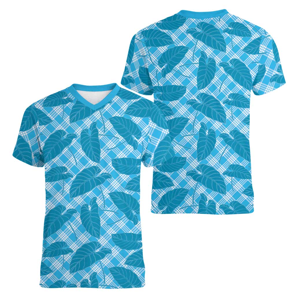 Blue Hawaii Kalo Palaka Motifs Women V-Neck T-Shirt Hawaiian Taro Leaves Elegant Vibes LT14 - Polynesian Pride