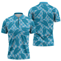Blue Hawaii Kalo Palaka Motifs Zipper Polo Shirt Hawaiian Taro Leaves Elegant Vibes - Polynesian Pride