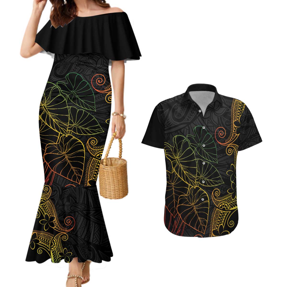 Aloha Hawaii Kalo Couples Matching Mermaid Dress and Hawaiian Shirt Reggae Taro Polynesian Pattern - Polynesian Pride