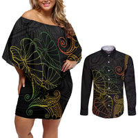 Aloha Hawaii Kalo Couples Matching Off Shoulder Short Dress and Long Sleeve Button Shirt Reggae Taro Polynesian Pattern LT14 Black - Polynesian Pride