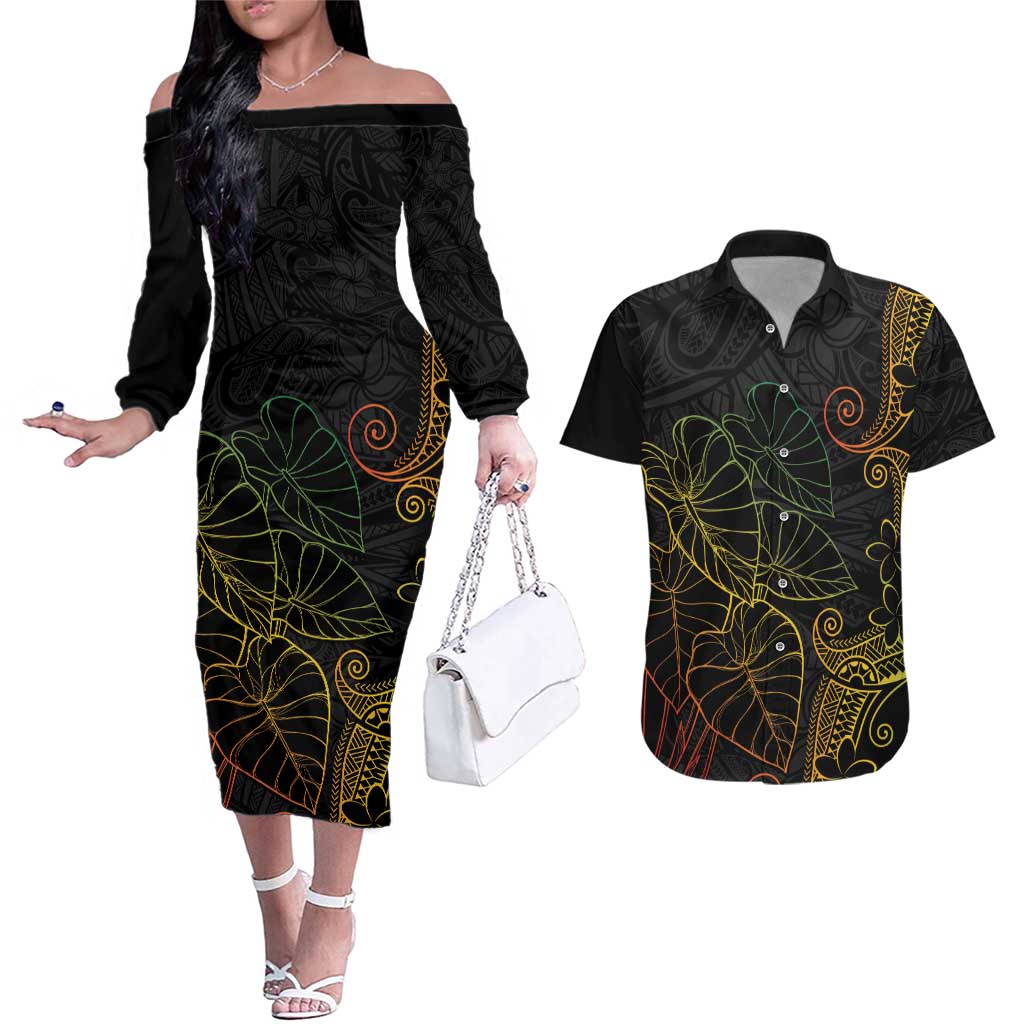 Aloha Hawaii Kalo Couples Matching Off The Shoulder Long Sleeve Dress and Hawaiian Shirt Reggae Taro Polynesian Pattern - Polynesian Pride