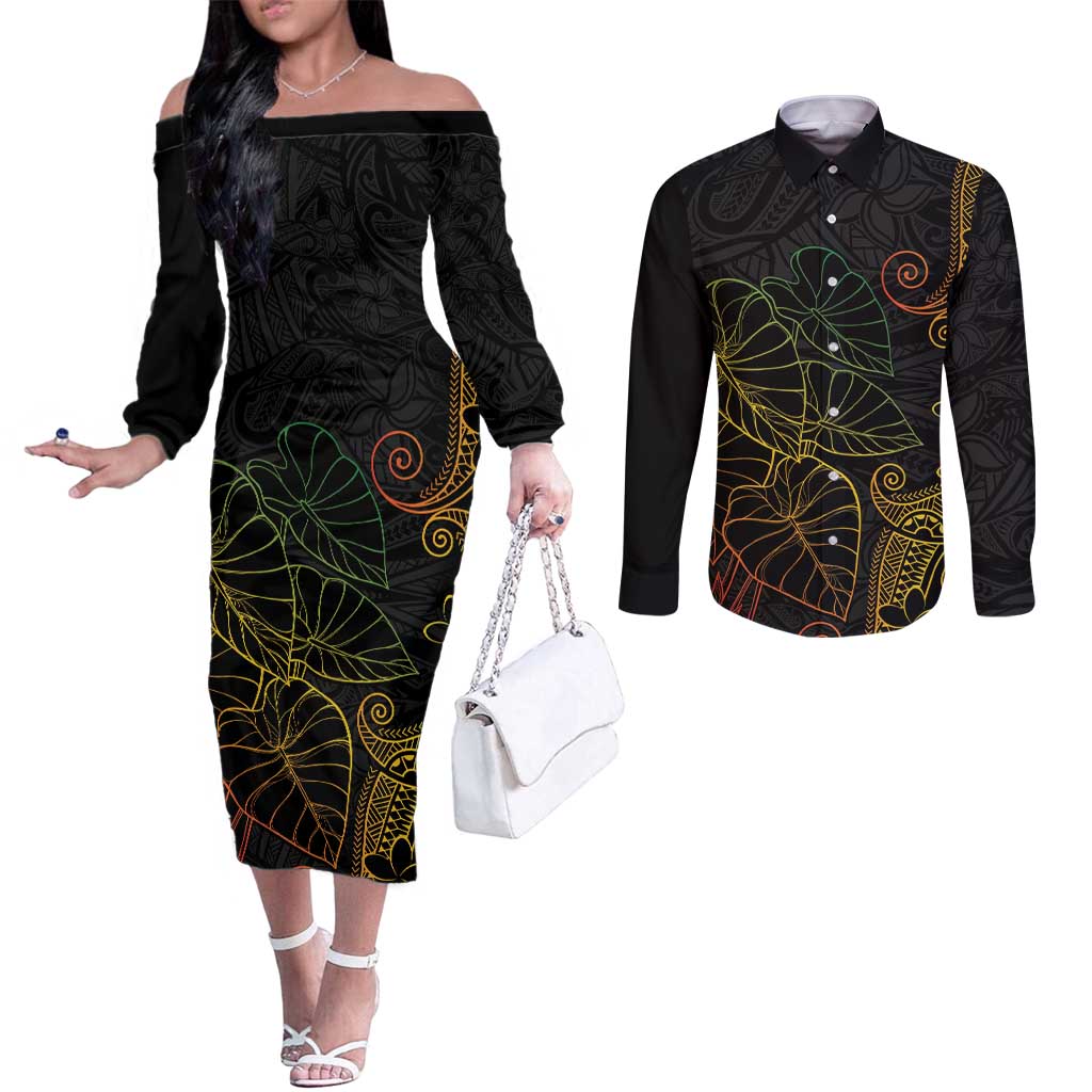Aloha Hawaii Kalo Couples Matching Off The Shoulder Long Sleeve Dress and Long Sleeve Button Shirt Reggae Taro Polynesian Pattern - Polynesian Pride