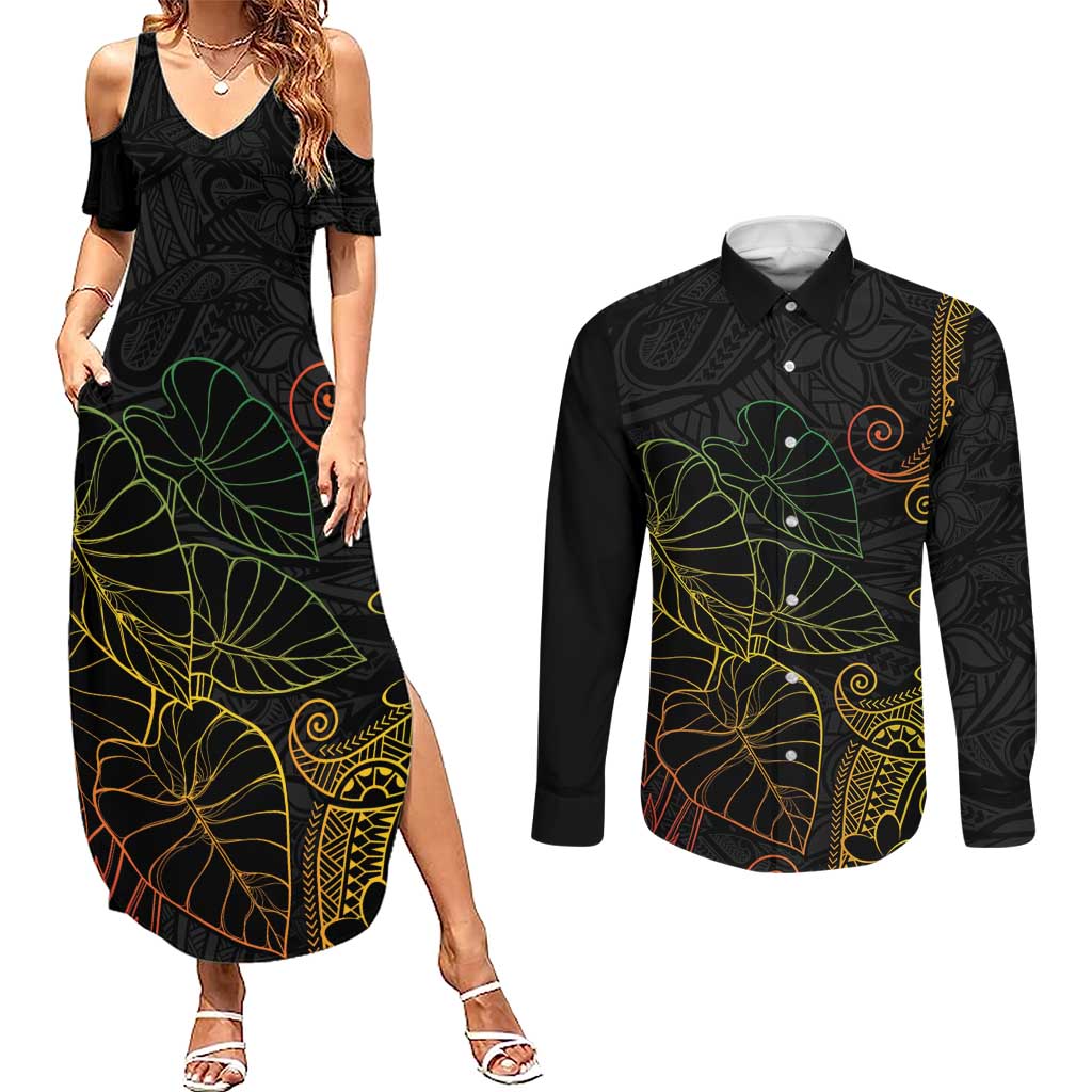 Aloha Hawaii Kalo Couples Matching Summer Maxi Dress and Long Sleeve Button Shirt Reggae Taro Polynesian Pattern - Polynesian Pride