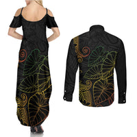 Aloha Hawaii Kalo Couples Matching Summer Maxi Dress and Long Sleeve Button Shirt Reggae Taro Polynesian Pattern - Polynesian Pride